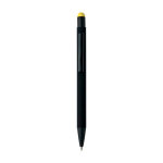 Penna a sfera in alluminio riciclato con rivestimento in gomma e inchiostro blu color giallo quarta vista