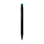 Penna a sfera in alluminio riciclato con rivestimento in gomma e inchiostro blu color verde chiaro terza vista