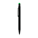 Penna a sfera in alluminio riciclato con rivestimento in gomma e inchiostro blu color verde chiaro quarta vista