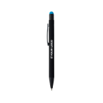 Penna a sfera in alluminio riciclato con rivestimento in gomma e inchiostro blu color azzurro vista area di stampa
