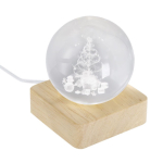Decorazione natalizia a sfera in vetro con base in legno e luce calda color naturale prima vista