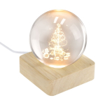 Decorazione natalizia a sfera in vetro con base in legno e luce calda