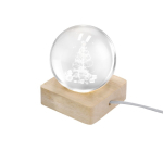 Decorazione natalizia a sfera in vetro con base in legno e luce calda