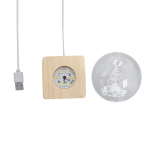 Decorazione natalizia a sfera in vetro con base in legno e luce calda