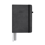 Agenda giornaliera A5 in similpelle con chiusura elastica e segnalibri color nero prima vista