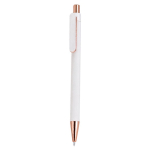 Penna in alluminio riciclato con dettagli oro rosa e inchiostro blu color bianco prima vista