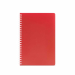 Quaderno A5 con copertina morbida e spirale laterale, pagine a righe color rosso vista frontale