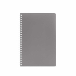 Quaderno A5 con copertina morbida e spirale laterale, pagine a righe color grigio vista frontale