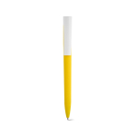 Penna con corpo in plastica riciclata, clip grande e inchiostro blu color giallo vista frontale