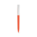 Penna con corpo in plastica riciclata, clip grande e inchiostro blu color arancione vista frontale