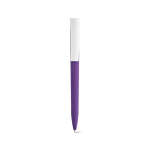 Penna con corpo in plastica riciclata, clip grande e inchiostro blu color viola vista frontale