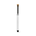 Penna roller in alluminio riciclato e bambù con inchiostro blu color bianco vista frontale