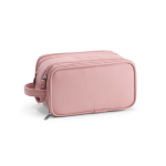 Necessaire sospeso in pelle sintetica riciclata con gancio e tre scomparti color rosa seconda vista