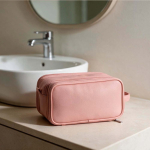 Necessaire sospeso in pelle sintetica riciclata con gancio e tre scomparti color rosa vista ambiente