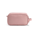 Necessaire sospeso in pelle sintetica riciclata con gancio e tre scomparti color rosa vista frontale