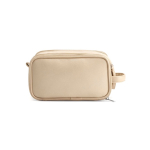 Necessaire sospeso in pelle sintetica riciclata con gancio e tre scomparti color beige vista frontale