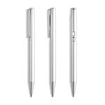 Penna in metallo con finitura lucida e clip, inchiostro blu color argento