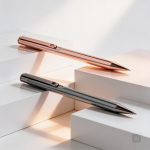 Penna in metallo con finitura lucida e clip, inchiostro blu color oro rosa