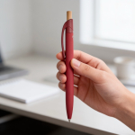 Penna in alluminio riciclato con finitura gommata, clip e inchiostro blu color bordò