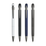 Penna a sfera in alluminio gommato con dettagli in rilievo, inchiostro blu color bianco