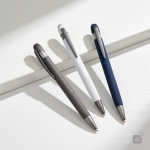 Penna a sfera in alluminio gommato con dettagli in rilievo, inchiostro blu color grigio scuro