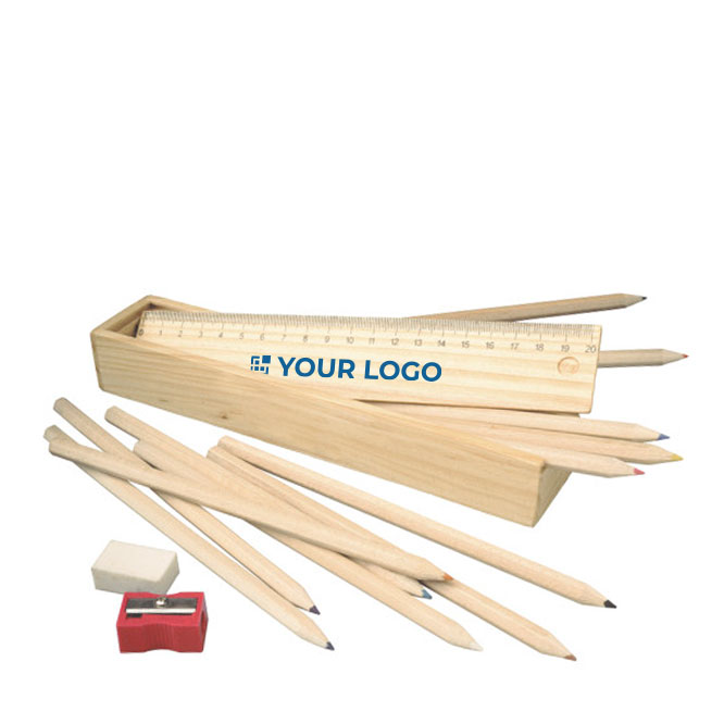 Astuccio in legno accessoriato con accessori per scrivere College