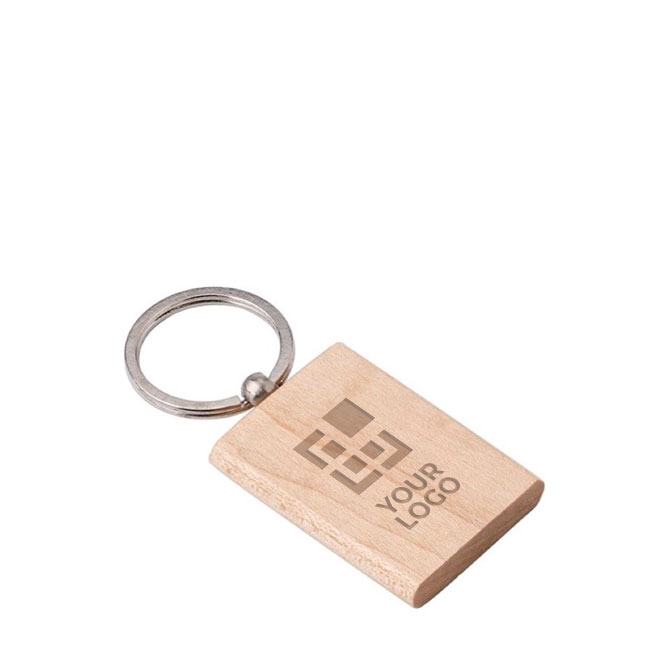 Portachiavi rettangolare con logo in legno con anello metallo Rectwood