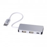 Hub USB in alluminio riciclato con 2 porte USB A e 1 porta USB C color argento terza vista