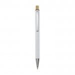 Penna in alluminio riciclato con pulsante di bambù e inchiostro blu color bianco
