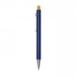 Penna in alluminio riciclato con pulsante di bambù e inchiostro nero color blu mare vista laterale