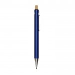 Penna in alluminio riciclato con pulsante di bambù e inchiostro nero color blu mare seconda vista con laterale