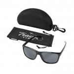 Sportivi occhiali da sole con logo color nero vista generale con stampa