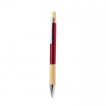 Penna in alluminio con pulsante e dettaglio in bambù ed inchiostro blu color rosso prima vista