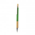 Penna in alluminio con pulsante e dettaglio in bambù ed inchiostro blu color verde prima vista