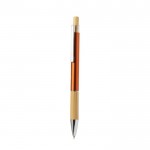 Penna in alluminio con pulsante e dettaglio in bambù ed inchiostro blu color arancione prima vista