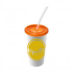 Bicchiere di plastica con cannuccia con logo color arancione con logo