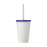 Bicchiere di plastica con cannuccia con logo color viola vista davanti