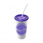 Bicchiere di plastica con cannuccia con logo color viola con logo