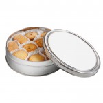 Scatola rotonda con 40 biscotti assortiti color argento seconda vista