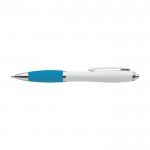 Penna bianca con impugnatura in gomma ed inchiostro blu color azzurro prima vista