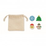 Set di 4 gomme da cancellare natalizie in sacchettino in cotone color beige