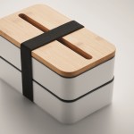 Lunch box bianco doppio scomparto da 400ml con posate in PP riciclato e bambù  vista fotografica