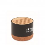 Altoparlante wireless cilindrico con base in sughero e top in bambù vista area di stampa