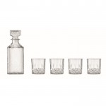 Elegante bottiglia in vetro con 4 bicchieri abbinati color transparente prima vista