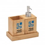 Dispenser di sapone liquido e recipiente in legno vista area di stampa