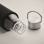 Bottiglia di vetro con custodia e tappo antifuga in acciaio inox vista fotografica