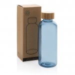 Bottiglietta in RPET con tappo in bambù color blu vista con scatola