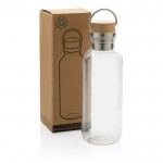 Bottiglie acqua personalizzate con tappo in bambù color transparente vista con scatola