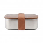 Lunch box in acciaio inox riciclato con coperchio in legno e cinturino color argento
