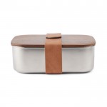 Lunch box in acciaio inox riciclato con coperchio in legno e cinturino color argento seconda vista